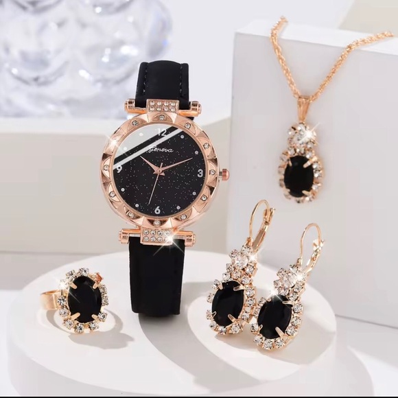 Accessories - Elegant Black and Gold Women's Watch and Jewelry Set
